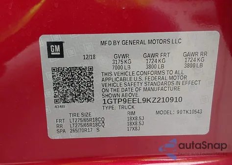 2019 GMC Sierra K1500 At4 from USA, damaged, VIN 1GTP9EEL9KZ210910